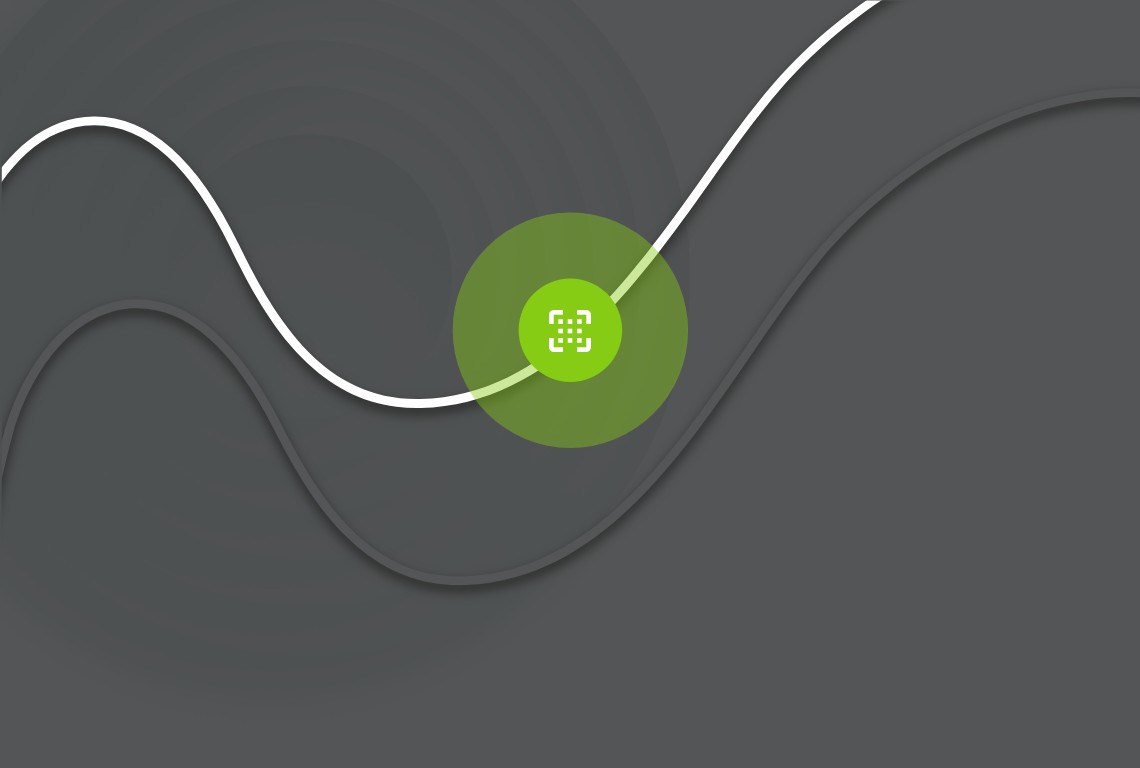Gray box with white and grey squiggle lines going across and green circles in the center